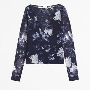 ABERCROMBIE & FITCH Floral Sheer Long Sleeve Top - Navy